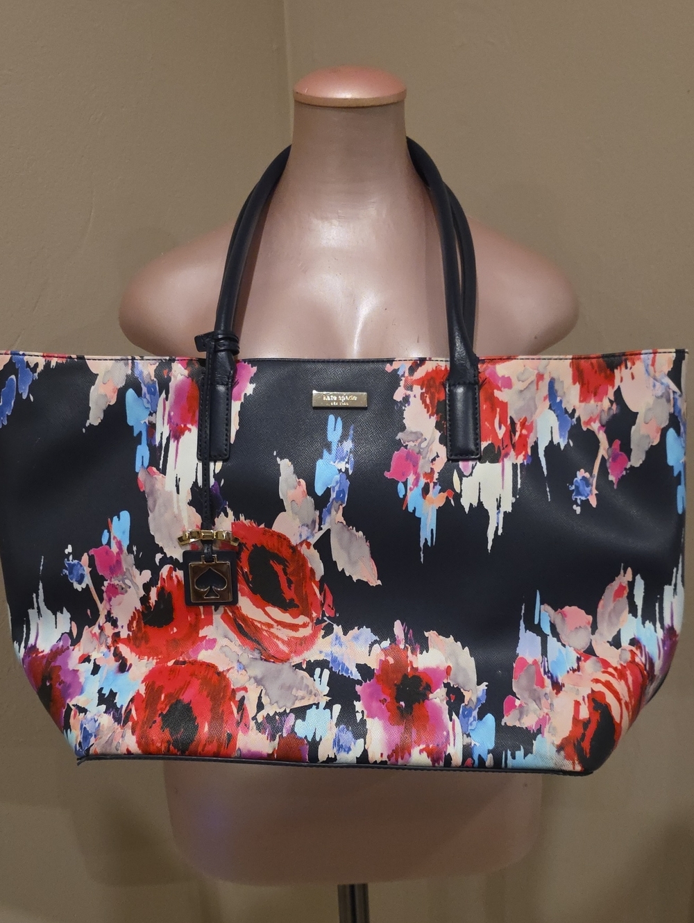 Kate Spade Black Floral Painterly Tote with Red & Pink Accents